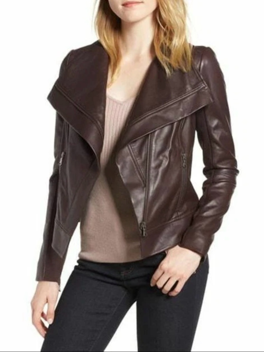 Trouve Leather Asymmetrical Moto Jacket Brown Knit Panels Size Large